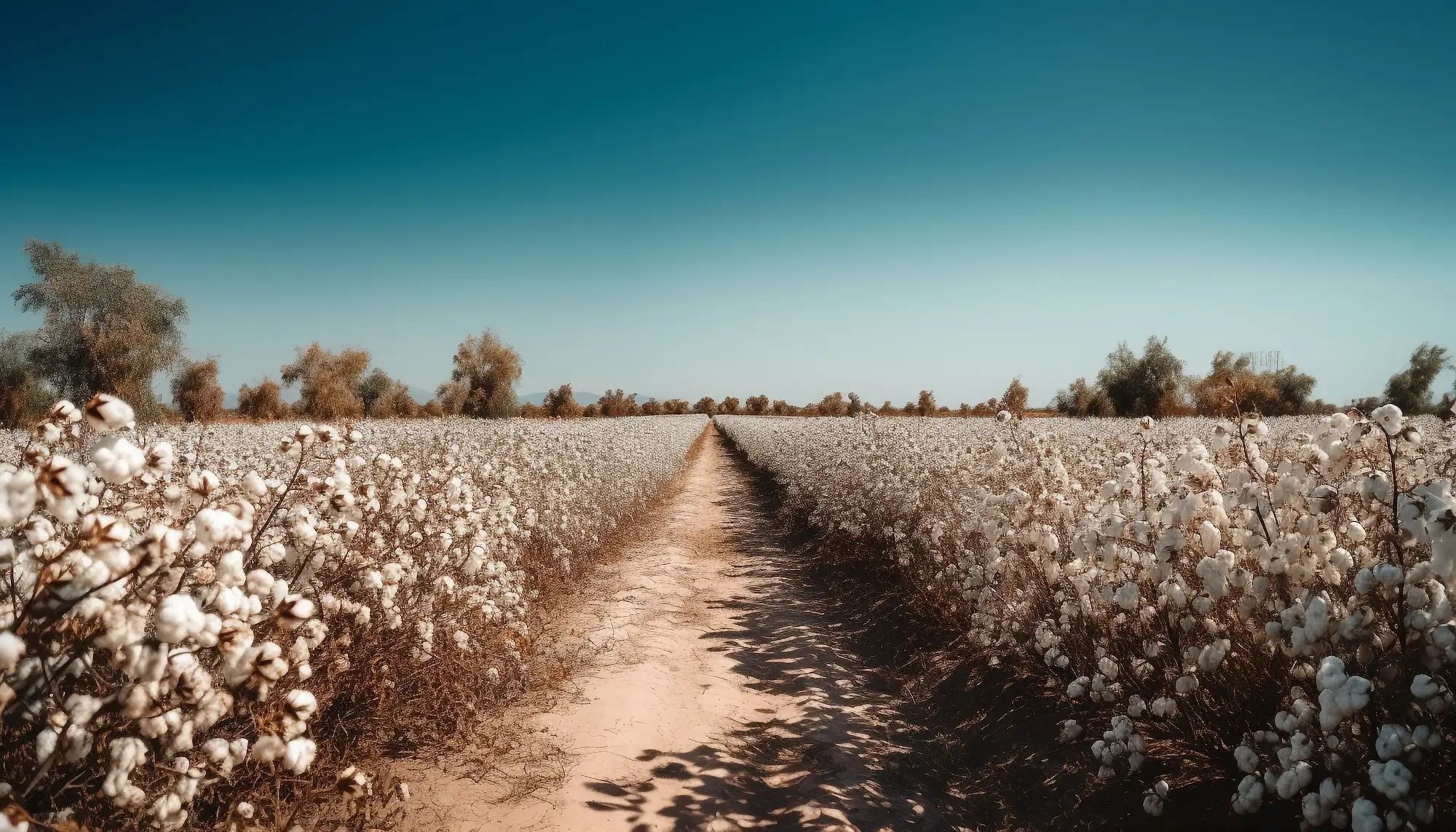 Cotton field under a clear blue sky, showcasing potential for liquid fertiliser use on an Australian farm.